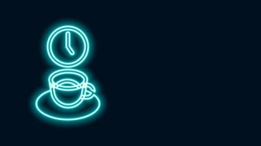 Parlayan neon hattı kahve zamanı ikonu siyah arka planda izole edildi. 4K Video hareketli grafik canlandırması
