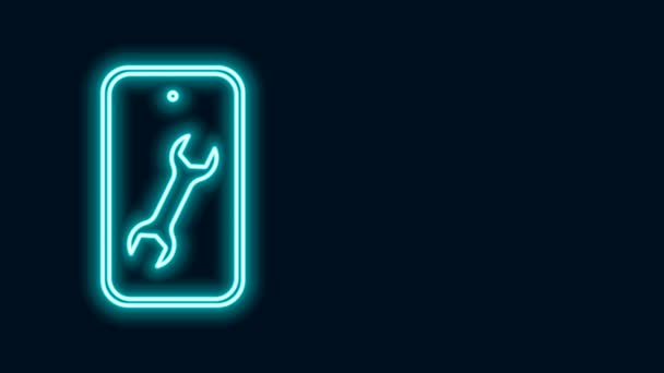 Glowing neon line Mobile phone with wrench icon isolated on black background. Adjusting, service, setting, maintenance, repair. 4K Video motion graphic animation — Stock Video