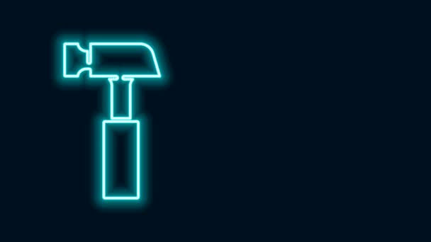 Светящаяся неоновая линия иконка Hammer выделена на черном фоне. Инструмент для ремонта. Видеографическая анимация 4K — стоковое видео
