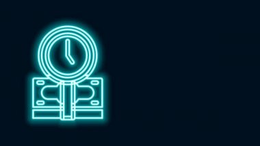 Parlayan neon hattı Zaman siyah arkaplanda izole edilmiş para simgesidir. Para zamandır. Etkili zaman yönetimi. Zamanı paraya çevir. 4K Video hareketli grafik canlandırması