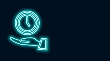 Parlayan neon çizgi saat simgesi siyah arkaplanda izole edildi. Zaman sembolü. 4K Video hareketli grafik canlandırması