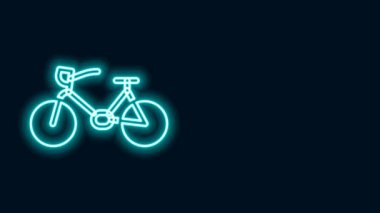 Parlayan neon hattı bisiklet simgesi siyah arkaplanda izole edildi. Bisiklet yarışı. Olağanüstü bir spor. Spor malzemeleri. 4K Video hareketli grafik canlandırması