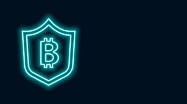 Siyah zemin üzerinde bitcoin simgesi olan parlayan neon hattı kalkanı. Kripto para madenciliği, engelleme teknolojisi, güvenlik, koruma, dijital para. 4K Video hareketli grafik canlandırması
