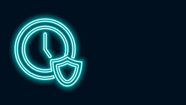 Glödande neon linje Klocka med sköld ikon isolerad på svart bakgrund. Säkerhet, skydd, integritetskoncept. 4K Video motion grafisk animation — Stockvideo