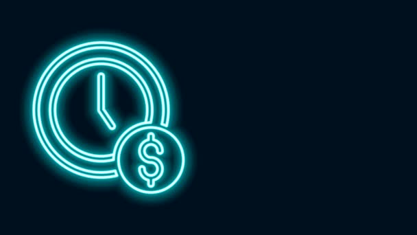 Parlayan neon hattı Zaman siyah arkaplanda izole edilmiş para simgesidir. Para zamandır. Etkili zaman yönetimi. Zamanı paraya çevir. 4K Video hareketli grafik canlandırması — Stok video