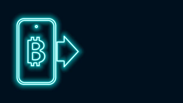 Žhnoucí neonová linka Těžba bitcoinu z mobilní ikony izolované na černém pozadí. Těžba kryptoměn, technologie blockchain. Grafická animace pohybu videa 4K — Stock video