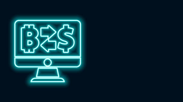 Icono de cambio de criptomoneda de línea de neón brillante aislado sobre fondo negro. Bitcoin al icono de cambio de dólar. Tecnología criptomoneda, banca móvil. Animación gráfica de vídeo 4K — Vídeo de stock