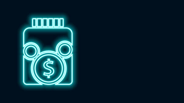 Linha de néon brilhante Frasco de dinheiro de vidro com ícone de moeda isolado no fundo preto. Economia de ícone ou acumulação de dinheiro, investimento. Animação gráfica em movimento de vídeo 4K — Vídeo de Stock