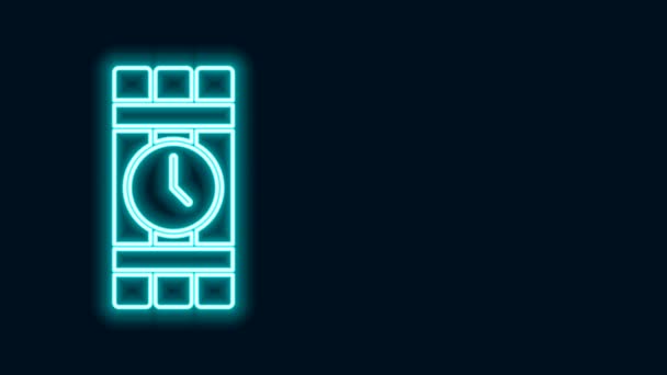 Žhnoucí neonová čára Odpálit dynamit bomba tyč a časovač ikona hodiny izolované na černém pozadí. Časovaná bomba - koncepce nebezpečí výbuchu. Grafická animace pohybu videa 4K — Stock video
