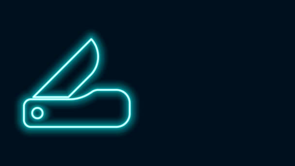 Gloeiende neon lijn Zwitsers zakmes icoon geïsoleerd op zwarte achtergrond. Multitool, multifunctioneel zakmes. Multifunctioneel gereedschap. 4K Video motion grafische animatie — Stockvideo