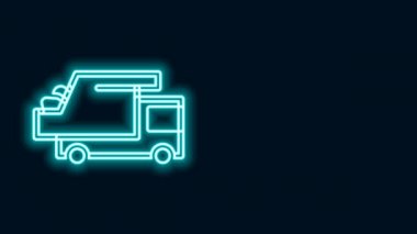Parlayan neon hattı çöp kamyonu simgesi siyah arka planda izole edildi. 4K Video hareketli grafik canlandırması