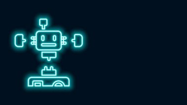 Parlayan neon hattı parçalanmış robot simgesi siyah arkaplanda izole edildi. Yapay zeka, makine öğrenme, bulut hesaplama. 4K Video hareketli grafik canlandırması
