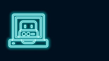 Parlayan neon hattı siyah arkaplanda izole edilmiş robot simgesi oluşturuyor. Yapay zeka, makine öğrenme, bulut hesaplama. 4K Video hareketli grafik canlandırması