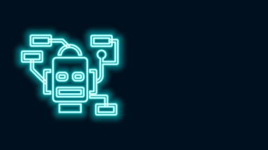 Parlayan neon çizgisi robot simgesi siyah arkaplanda izole edildi. Yapay zeka, makine öğrenme, bulut hesaplama. 4K Video hareketli grafik canlandırması