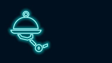 Parlak neon çizgisi, siyah arka planda izole edilmiş plaka simgesi olan garson robot. Yapay zeka, makine öğrenme, bulut hesaplama. 4K Video hareketli grafik canlandırması