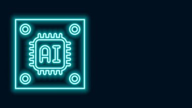 Siyah arkaplanda izole edilmiş mikro devreli parlayan neon hattı Bilgisayar işlemcisi. Devre kartı işaretli çip ya da işlemci. Mikro işlemci. 4K Video hareketli grafik canlandırması