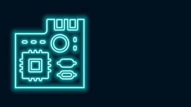 Parlayan neon hattı Elektronik bilgisayar bileşenleri anakart dijital çip entegre bilim ikonu siyah arka planda izole edildi. Devre kartı. 4K Video hareketli grafik canlandırması