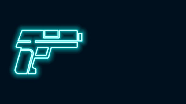 Zářící neonová čára Pistole nebo zbraň ikona izolované na černém pozadí. Policejní nebo vojenská zbraň. Malá zbraň. Grafická animace pohybu videa 4K — Stock video