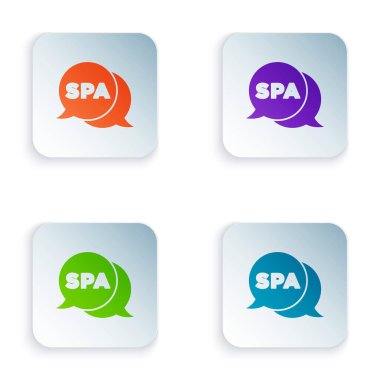 Beyaz arkaplanda izole edilmiş renkli spa salonu simgesi. Güzellik salonu, masaj, kozmetik. Spa tedavisi ve kozmetoloji. Kare düğmelere renkli simgeleri yerleştir. Vektör.