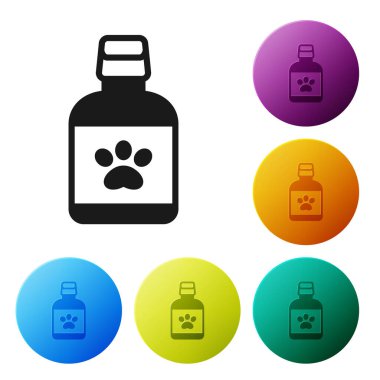 Siyah Köpek ilaç şişesi ikonu beyaz arka planda izole edilmiş. İçinde haplar olan konteynır. Hayvan için reçeteli ilaç. Simgeleri renk daire düğmelerine ayarla. Vektör.