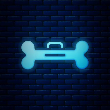 Parlayan neon köpek kemik simgesi tuğla duvar arkasında izole edilmiş. Besin sembolü. Vektör.
