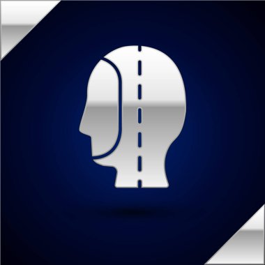 Gümüş Dalış başlığı simgesi koyu mavi arkaplanda izole edildi. Zıpkınla balık avlama şapkası. Su altı ekipmanları. Vektör.