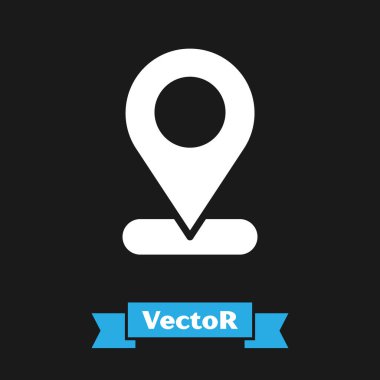 Beyaz Harita iğne simgesi siyah arkaplanda izole edildi. Navigasyon, işaret, konum, harita, GPS, yön, yer, pusula, arama konsepti. Vektör.