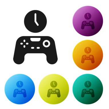 Beyaz arkaplanda siyah zaman simgesi izole edildi. Oyun oynama zamanı. Oyun kontrolörü. Simgeleri renk daire düğmelerine ayarla. Vektör.