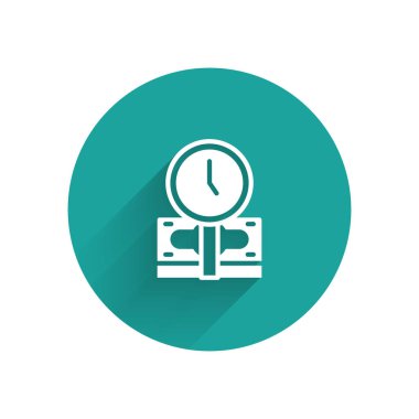 Beyaz Zaman, uzun gölgeli bir para ikonu. Para zamandır. Etkili zaman yönetimi. Zamanı paraya çevir. Yeşil daire düğmesi. Vektör.