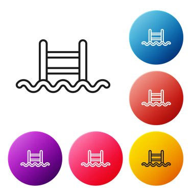 Beyaz arka planda izole edilmiş merdiven ikonu olan siyah çizgili yüzme havuzu. Renkli daire düğmelerini ayarlayın. Vektör.