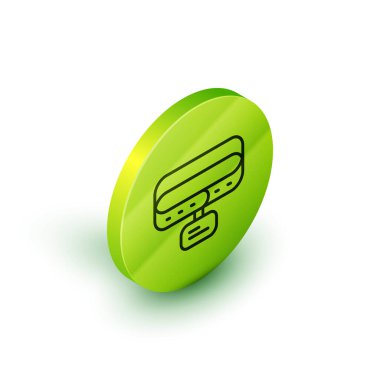 Beyaz arkaplanda isim etiketi simgesi olan Isometric line Collar. Evcil hayvanlar için basit malzemeler. Kedi köpek bakımı. Evcil hayvan zincirleri. Yeşil daire düğmesi. Vektör.