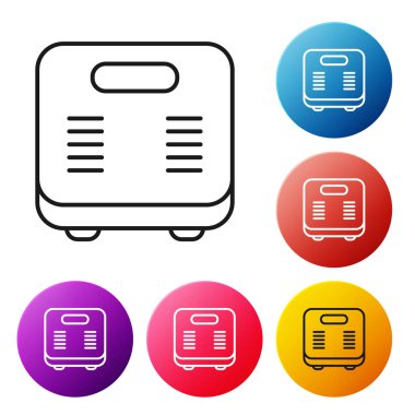 Siyah çizgi banyo ölçekli simge beyaz arka planda izole edildi. Ağırlık ölçme ekipmanı. Ağırlık ölçeği spor konsepti. Renkli daire düğmelerini ayarlayın. Vektör.