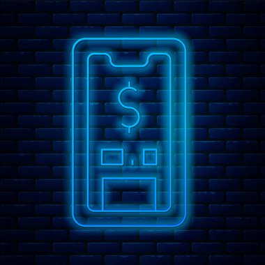 Parlayan neon hattı, dolar sembollü akıllı telefon tuğla duvar arkasında izole edilmiş. İnternetten alışveriş konsepti. Finansal cep telefonu simgesi. Çevrimiçi ödeme. Vektör.