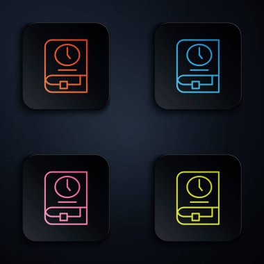 Kitap simgesi için renk neon çizgisi zamanı siyah arkaplanda izole edildi. Kare düğmelere simgeleri yerleştir. Vektör.