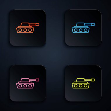 Renkli neon hattı askeri tank simgesi siyah arka planda izole edildi. Kare düğmelere simgeleri yerleştir. Vektör.