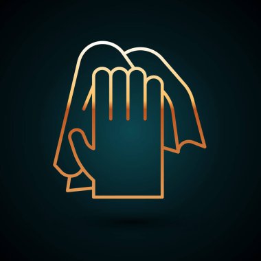 Altın çizgi temizleme servisi simgesi koyu mavi arkaplanda izole edildi. Lateks el koruması işareti. Ev işi temizlik ekipmanları sembolü. Vektör.