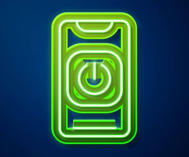 Parlayan neon hattı mavi arkaplanda izole edilmiş telefon simgesinden robotu kapat. Vektör.