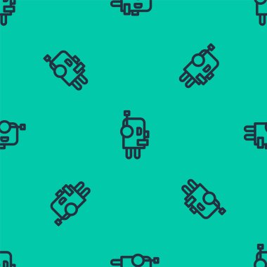 Mavi çizgi robot simgesi yeşil arka planda kusursuz deseni izole etti. Yapay zeka, makine öğrenme, bulut hesaplama. Vektör.