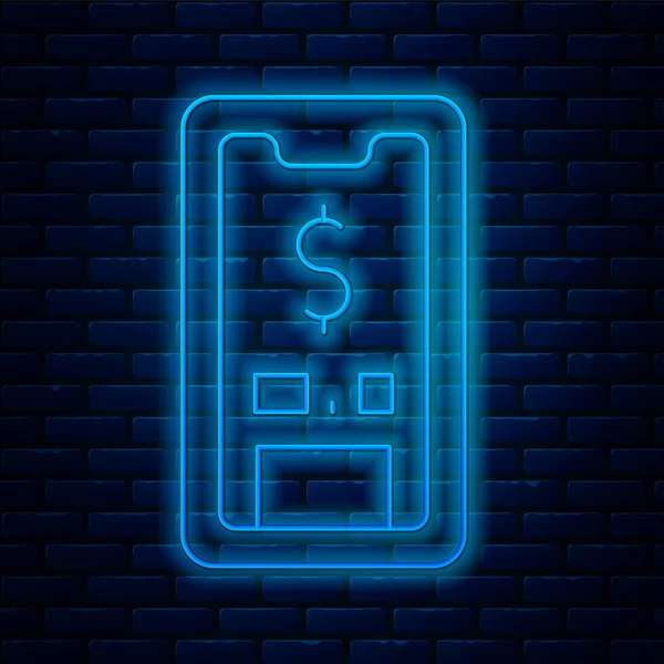 Parlayan Neon Hattı Dolar Sembollü Akıllı Telefon Tuğla Duvar Arkasında — Stok Vektör