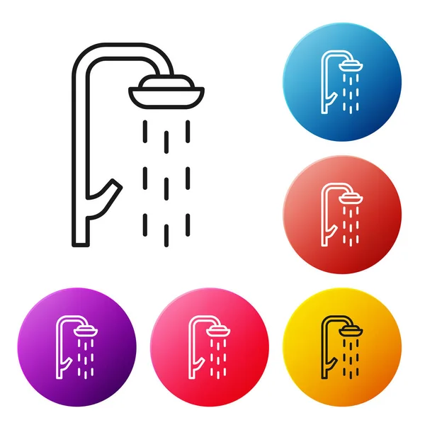 Black Line Shower Head Water Drops Flowing Icon Isolated White — Stock Vector