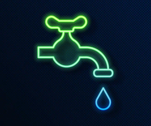 Leuchtende Neon Linie Wasserhahn Mit Einem Fallenden Wassertropfen Symbol Isoliert — Stockvektor