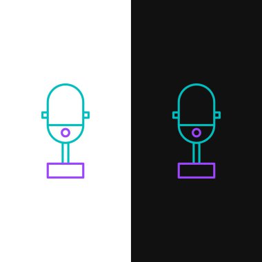 Çizgi Mikrofon simgesi beyaz ve siyah arkaplanda izole edildi. Radyodaki mikrofondan. Sözcü işareti. Renkli taslak konsepti. Vektör.