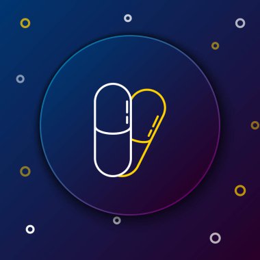 Hat Köpeği ve haplar mavi arka planda izole edilmiş. Hayvan için reçeteli ilaç. Renkli taslak konsepti. Vektör.