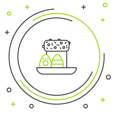 Beyaz arka planda izole edilmiş Paskalya pastası ve yumurta ikonu. Mutlu Paskalyalar. Renkli taslak konsepti. Vektör.