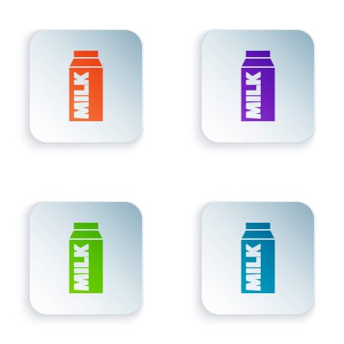 Beyaz arkaplanda izole edilmiş süt simgesi için renkli kağıt paketi. Süt paketi işareti. Kare düğmelere renkli simgeleri yerleştir. Vektör.