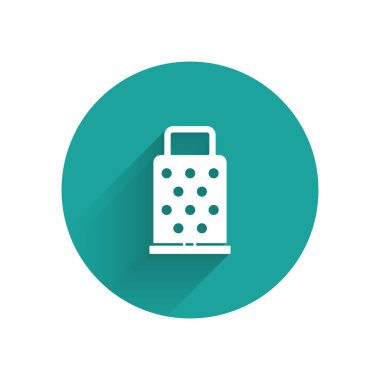 Beyaz Grater simgesi uzun gölgeli. Mutfak sembolü. Mutfak aletleri. Çatal bıçak seti. Yeşil daire düğmesi. Vektör.