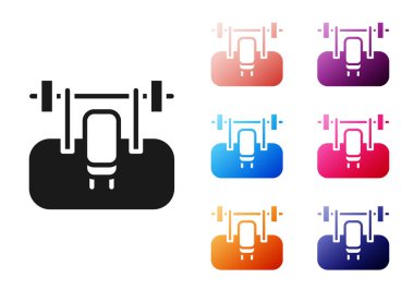 Beyaz arka planda siyah benç ve barbel simgesi var. Spor aletleri. Vücut geliştirme, ağırlık kaldırma, fitness konsepti. Simgeleri renklendirin. Vektör.