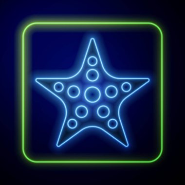 Parlayan neon deniz yıldızı simgesi mavi arkaplanda izole edildi. Vektör.