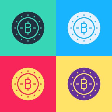 Pop Art Cryptocoin para simgesi Bitcoin renk arkaplan izole. Madeni para. Engelleme zinciri tabanlı şifreli para birimi. Vektör.