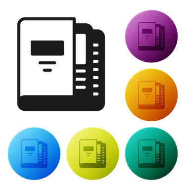 Kağıtları ve evrakları olan Siyah Ofis dosyaları beyaz arkaplanda izole edilmiş. Ofis dosyaları. Dosya arşivleme işareti. Simgeleri renk daire düğmelerine ayarla. Vektör.